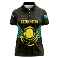 Kazakhstan National Emblem Women Polo Shirt with Black Tribal Pattern and Sun Eagle Motif