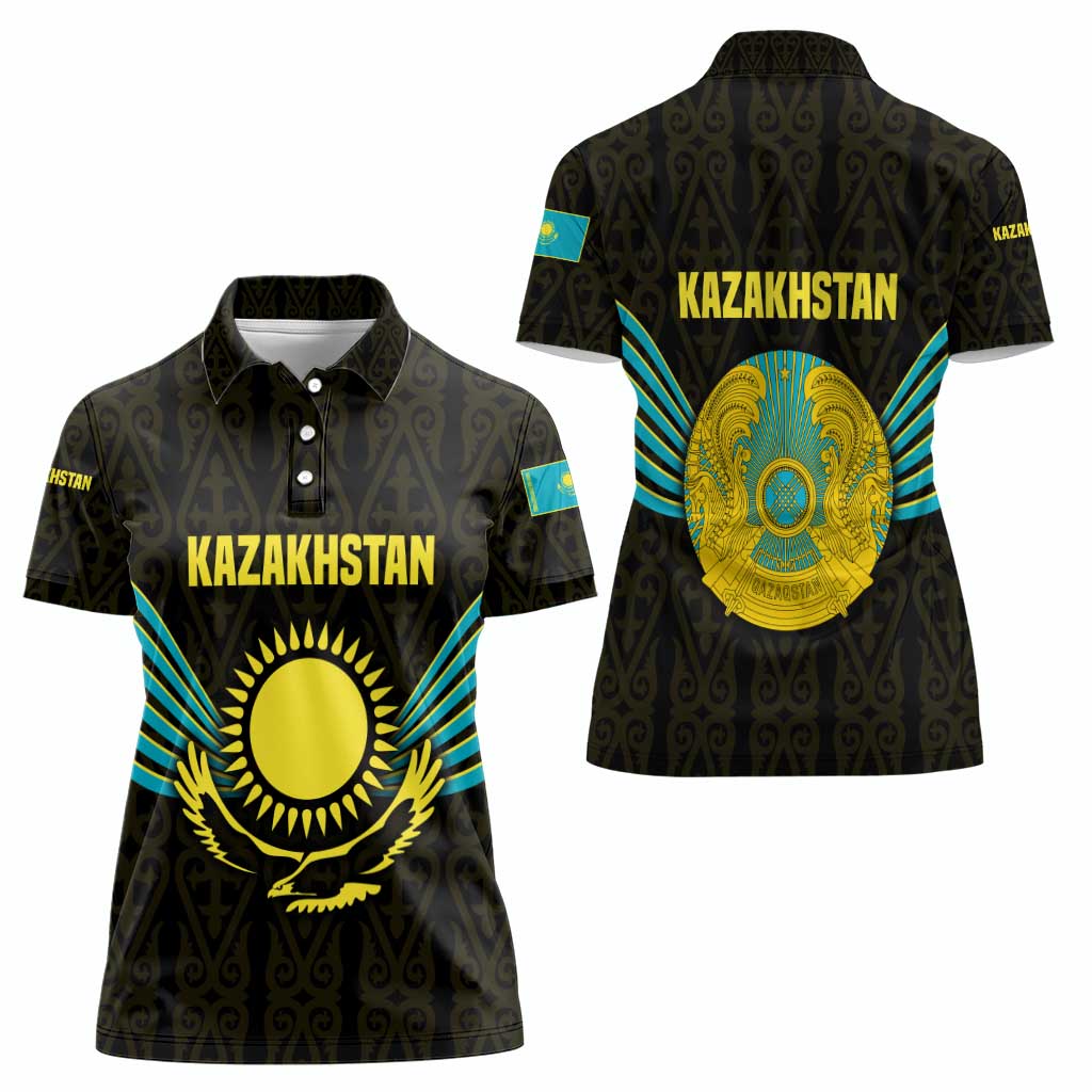 Kazakhstan National Emblem Women Polo Shirt with Black Tribal Pattern and Sun Eagle Motif