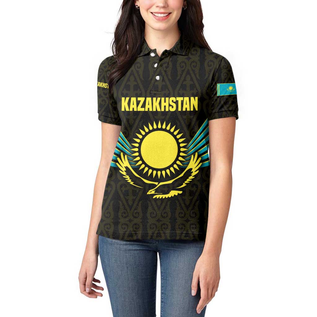 Kazakhstan National Emblem Women Polo Shirt with Black Tribal Pattern and Sun Eagle Motif