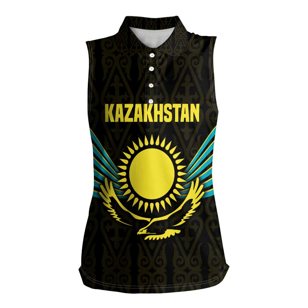 Kazakhstan National Emblem Women Sleeveless Polo Shirt with Black Tribal Pattern and Sun Eagle Motif