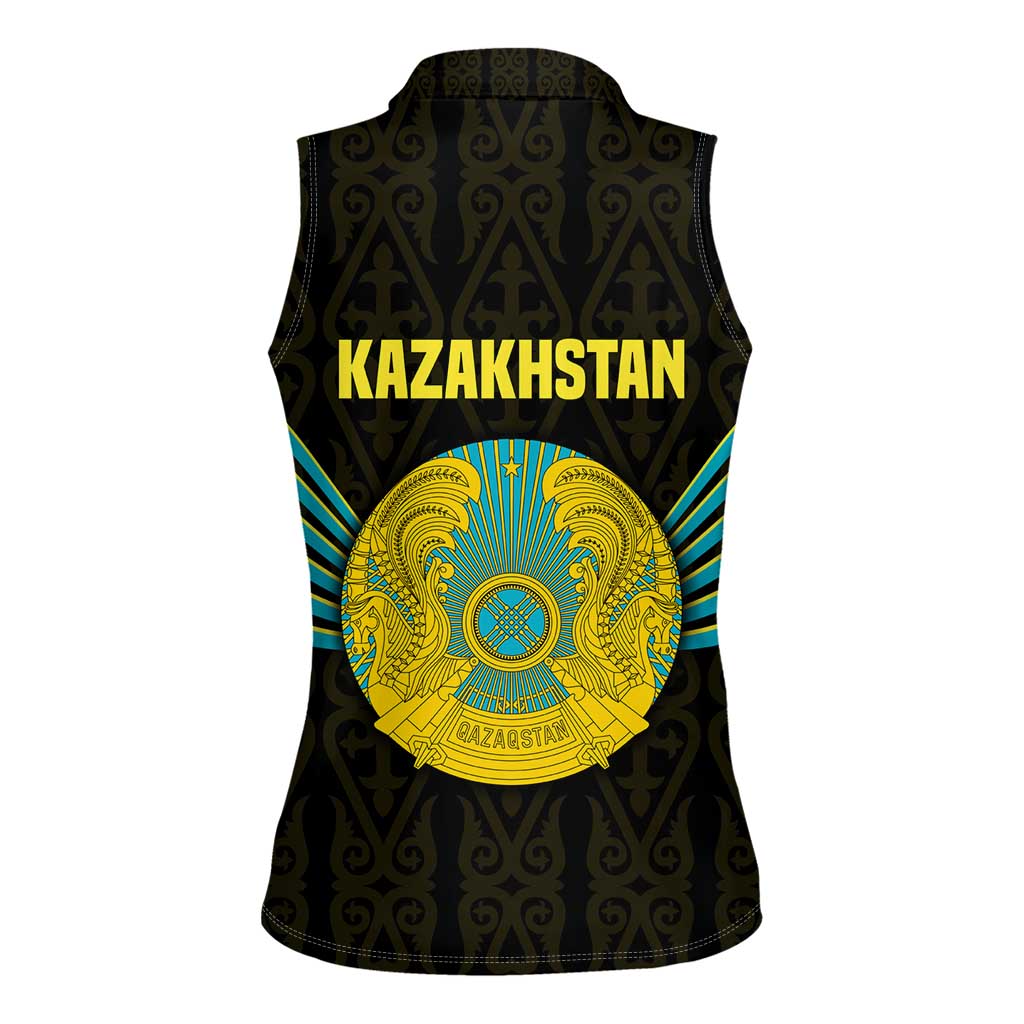 Kazakhstan National Emblem Women Sleeveless Polo Shirt with Black Tribal Pattern and Sun Eagle Motif