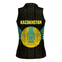 Kazakhstan National Emblem Women Sleeveless Polo Shirt with Black Tribal Pattern and Sun Eagle Motif