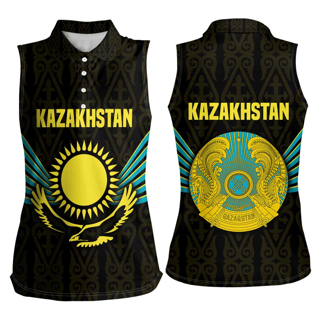 Kazakhstan National Emblem Women Sleeveless Polo Shirt with Black Tribal Pattern and Sun Eagle Motif