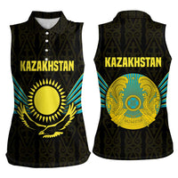 Kazakhstan National Emblem Women Sleeveless Polo Shirt with Black Tribal Pattern and Sun Eagle Motif
