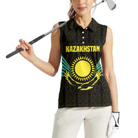 Kazakhstan National Emblem Women Sleeveless Polo Shirt with Black Tribal Pattern and Sun Eagle Motif