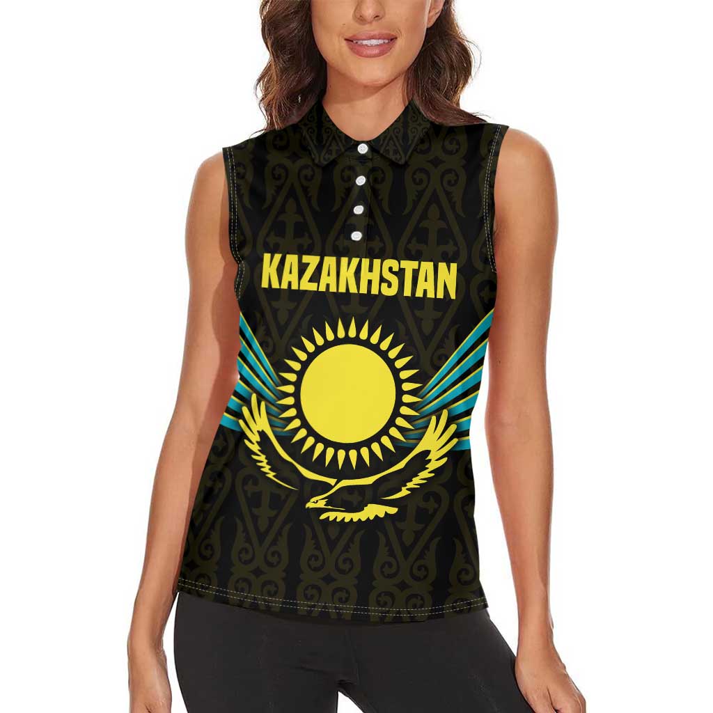Kazakhstan National Emblem Women Sleeveless Polo Shirt with Black Tribal Pattern and Sun Eagle Motif