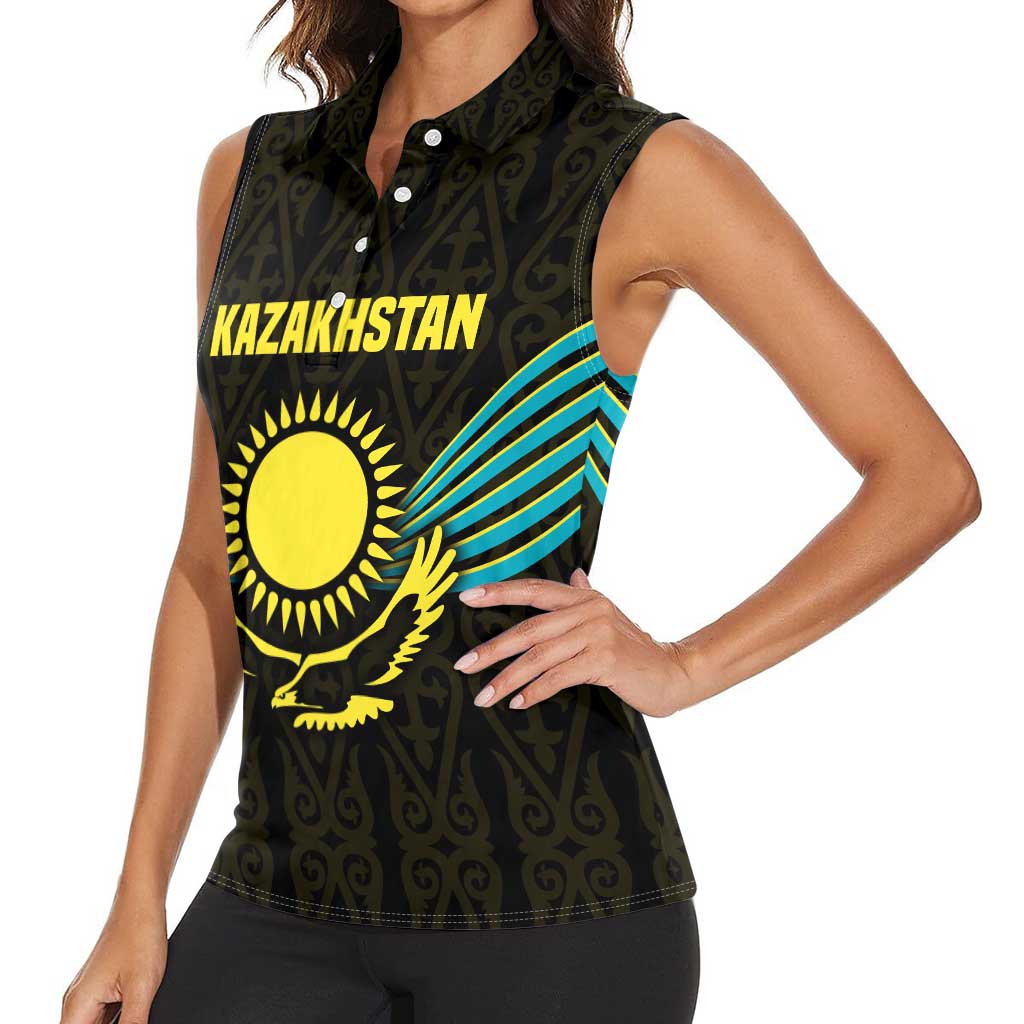 Kazakhstan National Emblem Women Sleeveless Polo Shirt with Black Tribal Pattern and Sun Eagle Motif