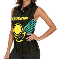 Kazakhstan National Emblem Women Sleeveless Polo Shirt with Black Tribal Pattern and Sun Eagle Motif