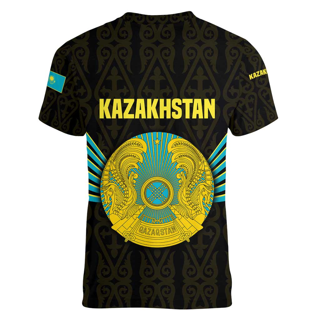 Kazakhstan National Emblem Women V-Neck T-Shirt with Black Tribal Pattern and Sun Eagle Motif