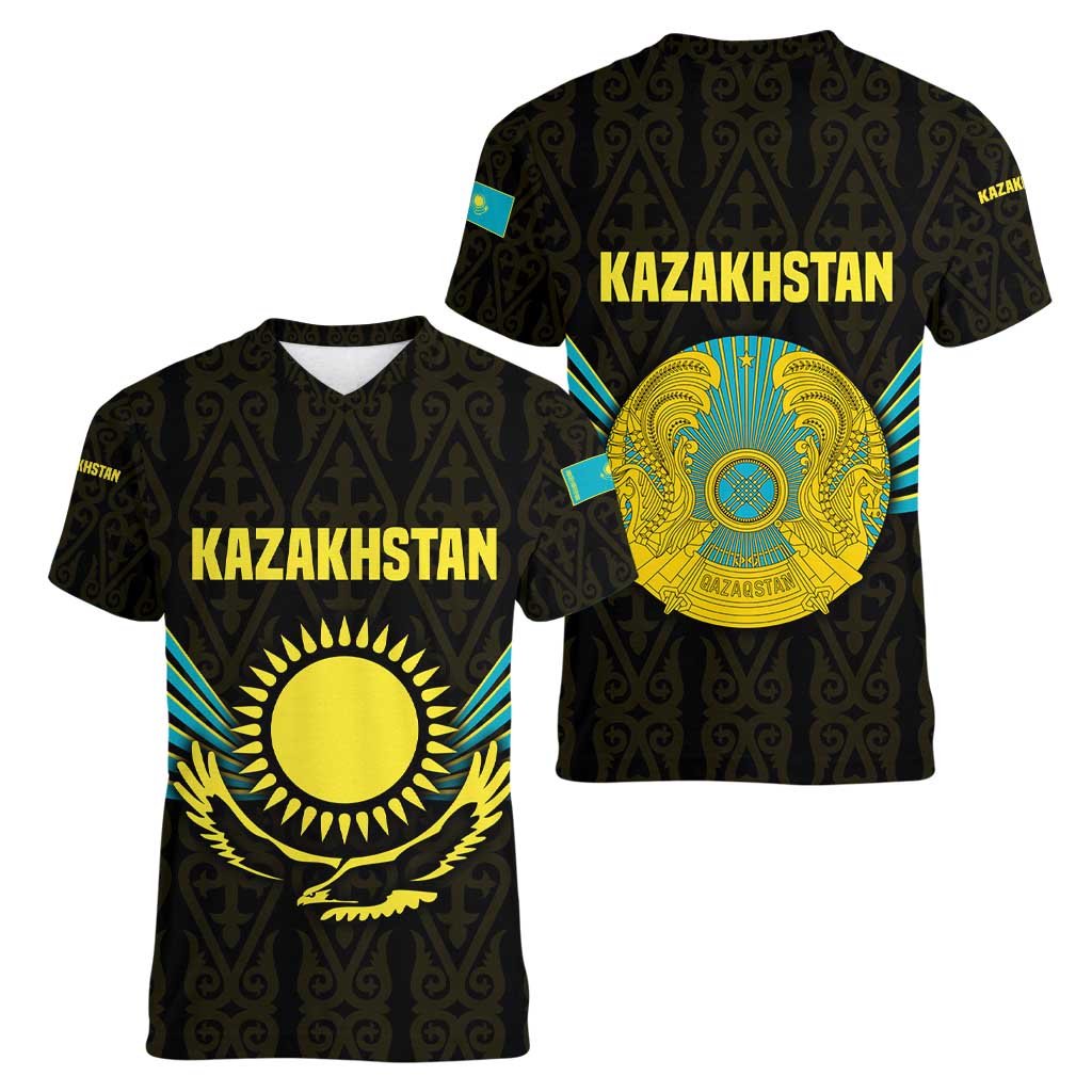 Kazakhstan National Emblem Women V-Neck T-Shirt with Black Tribal Pattern and Sun Eagle Motif
