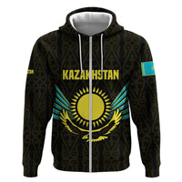 Kazakhstan National Emblem Zip Hoodie with Black Tribal Pattern and Sun Eagle Motif