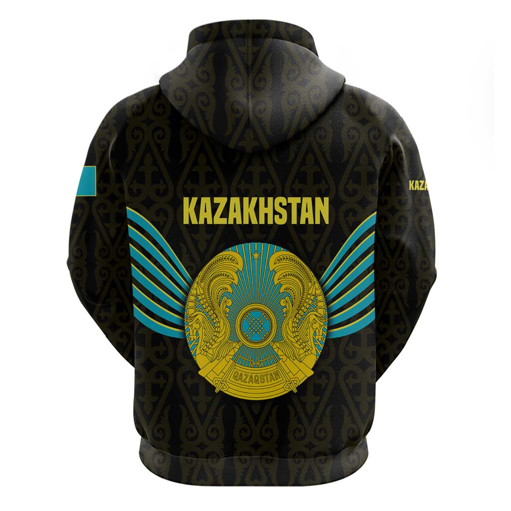 Kazakhstan National Emblem Zip Hoodie with Black Tribal Pattern and Sun Eagle Motif