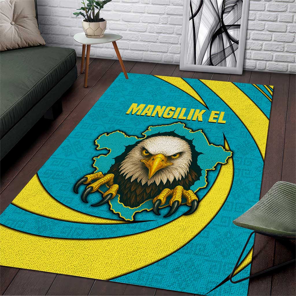 Kazakhstan National Flag Area Rug with Mangilik El Bald Eagle and Blue Tribal Pattern