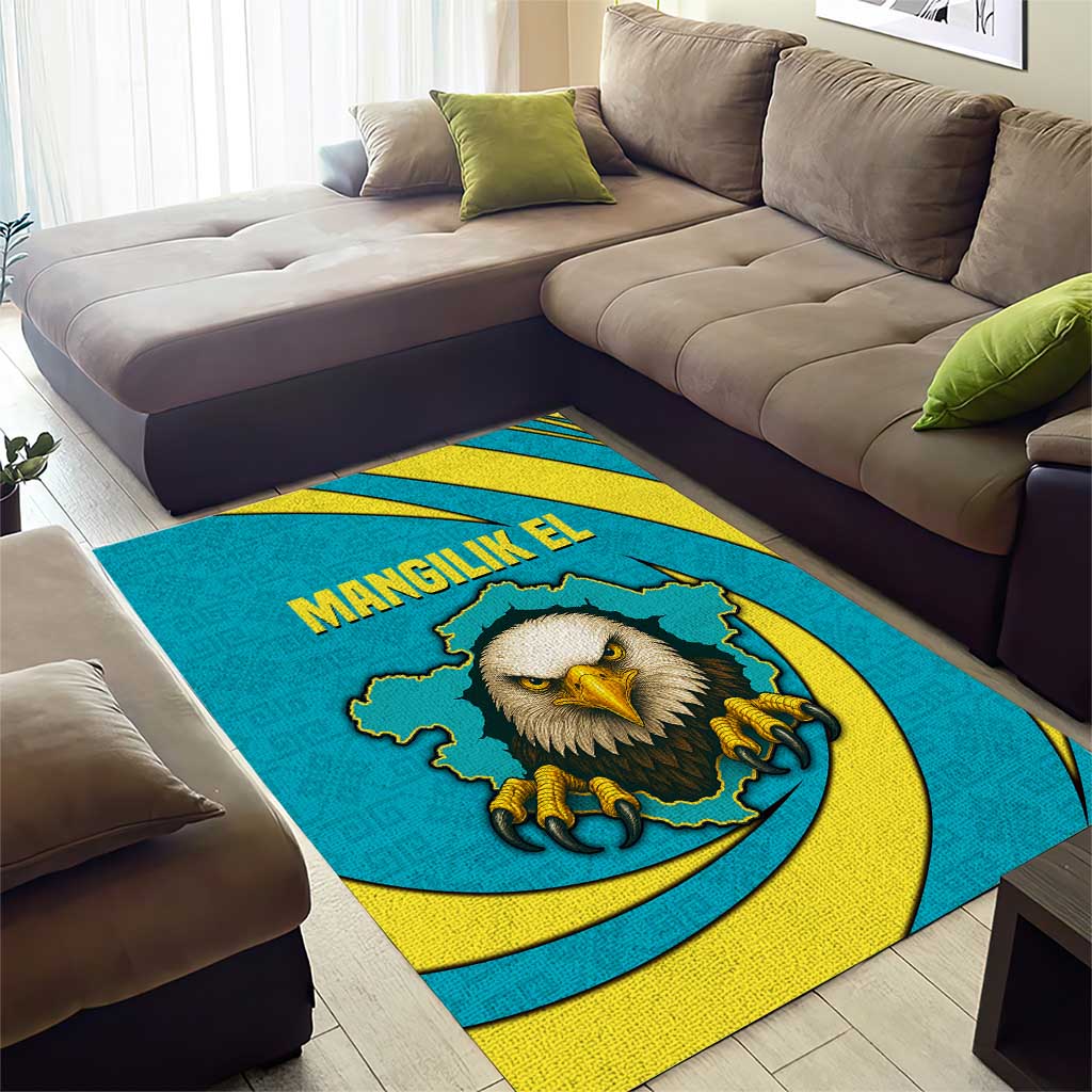Kazakhstan National Flag Area Rug with Mangilik El Bald Eagle and Blue Tribal Pattern