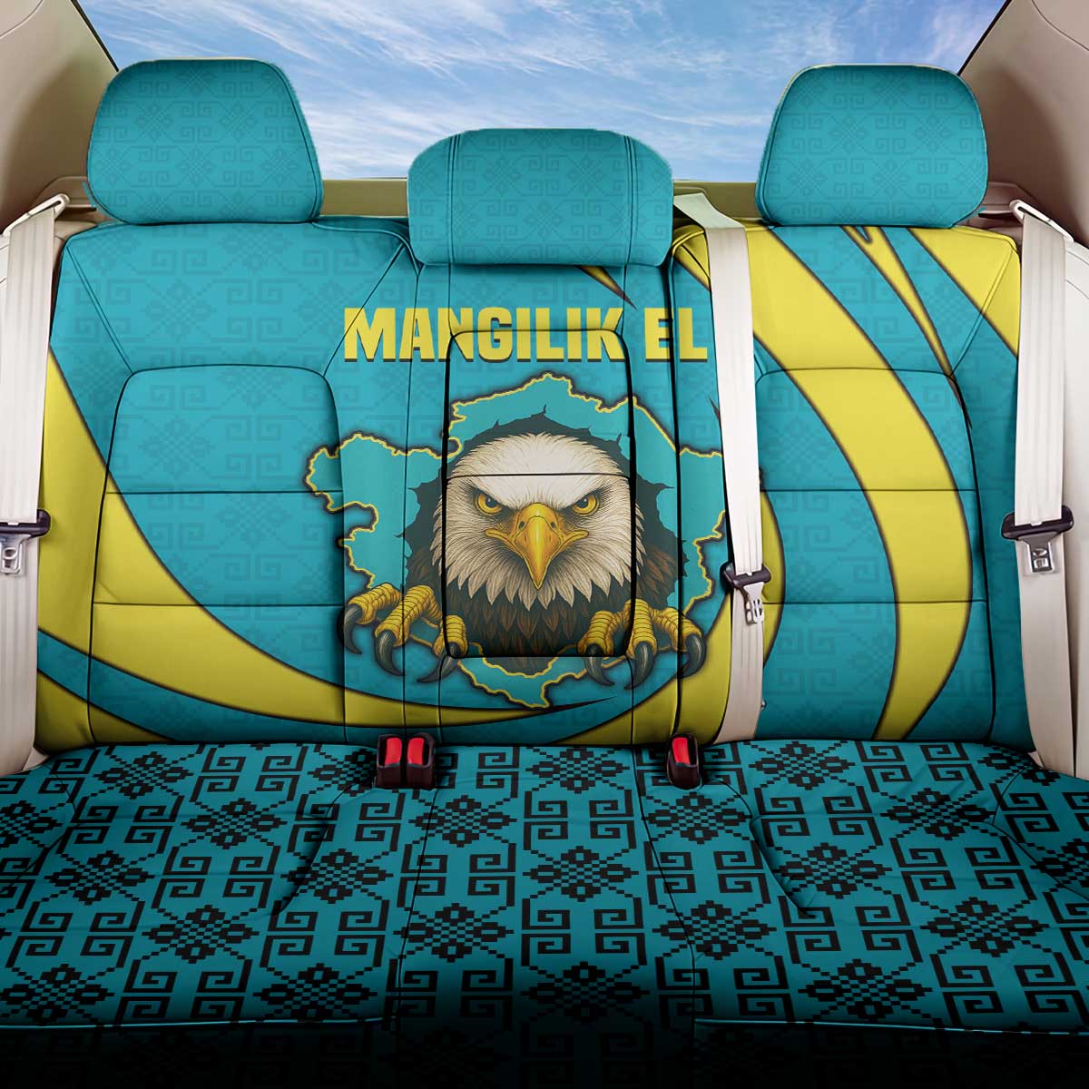 Kazakhstan National Flag Back Car Seat Cover with Mangilik El Bald Eagle and Blue Tribal Pattern