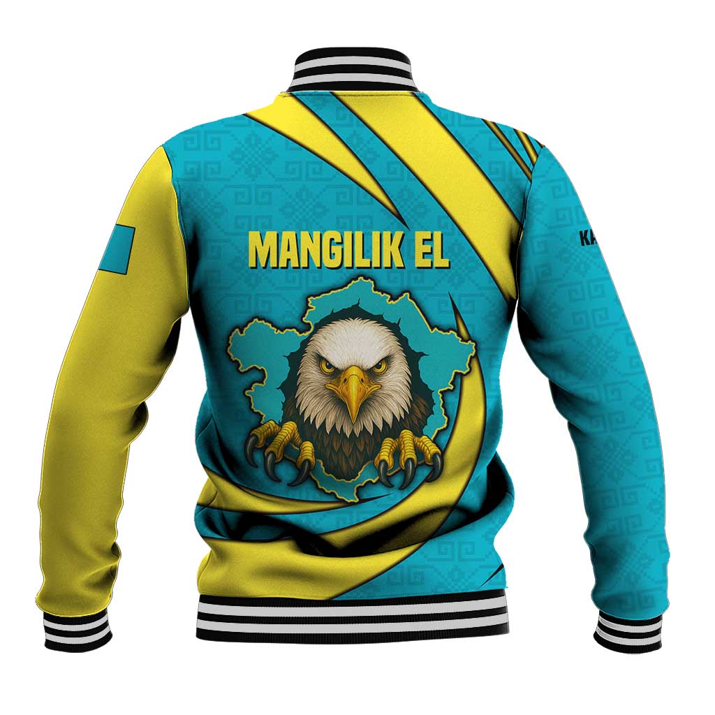 Kazakhstan National Flag Baseball Jacket with Mangilik El Bald Eagle and Blue Tribal Pattern