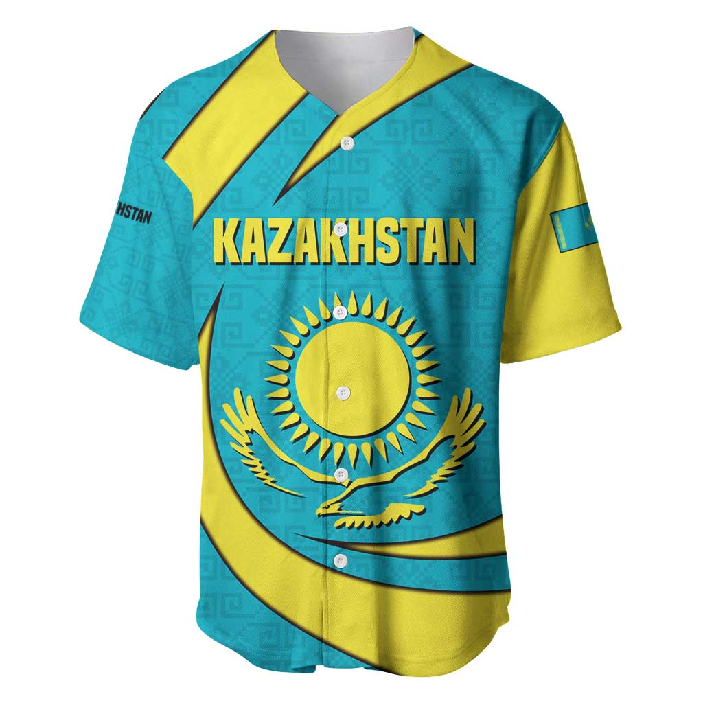 Kazakhstan National Flag Baseball Jersey with Mangilik El Bald Eagle and Blue Tribal Pattern