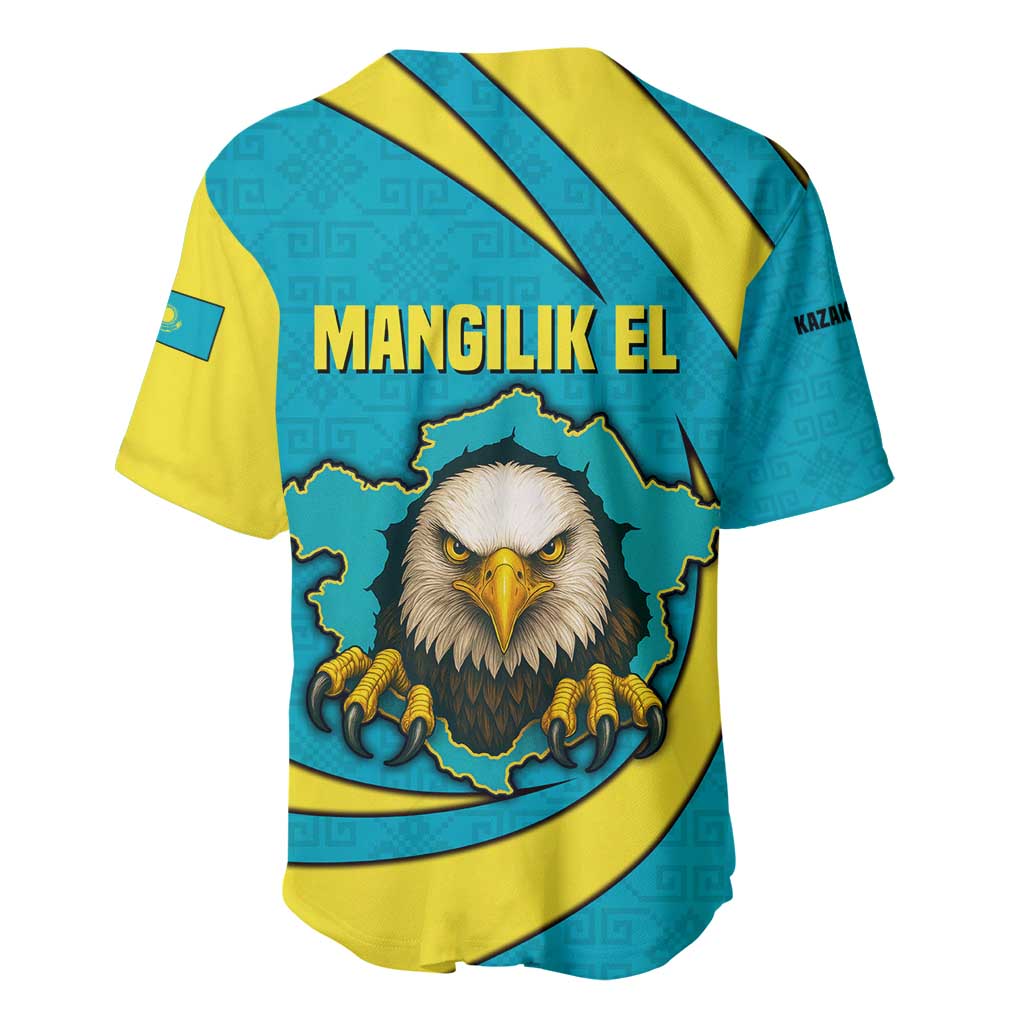 Kazakhstan National Flag Baseball Jersey with Mangilik El Bald Eagle and Blue Tribal Pattern
