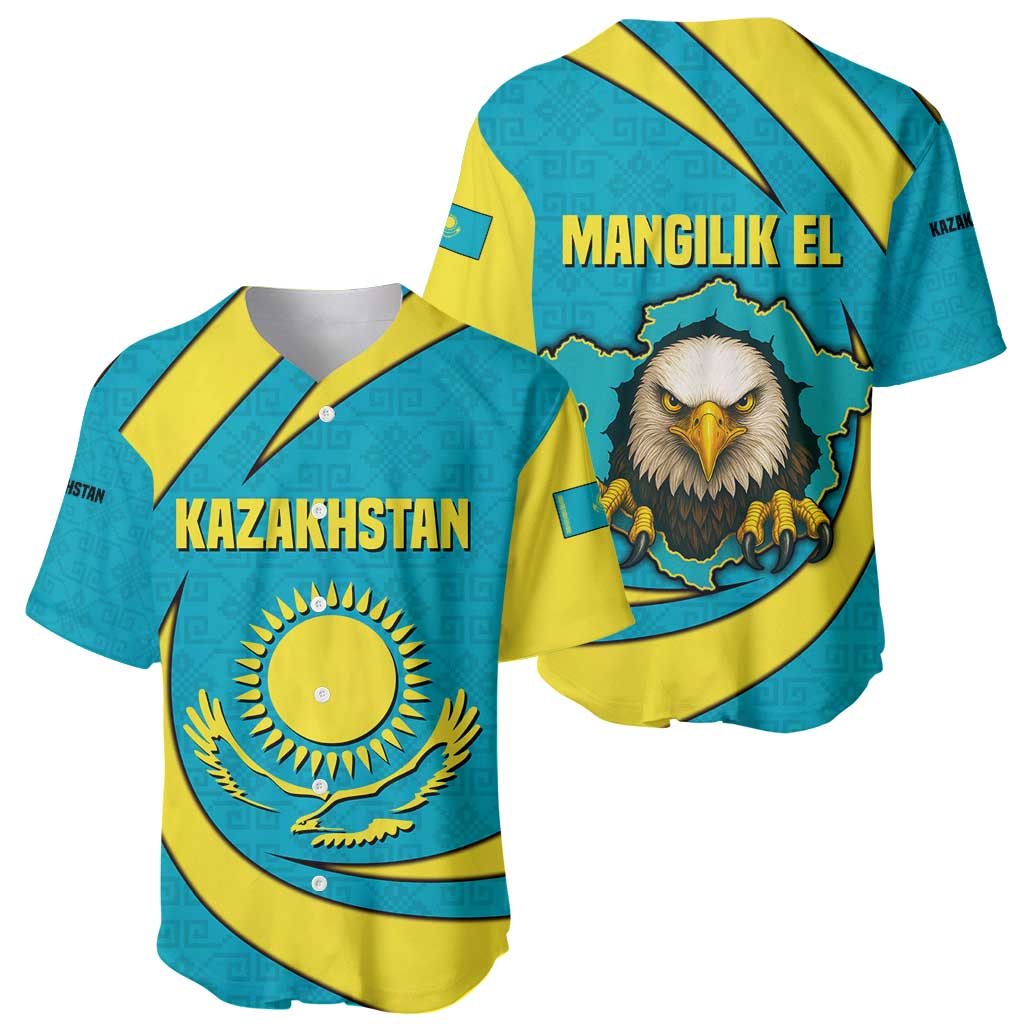 Kazakhstan National Flag Baseball Jersey with Mangilik El Bald Eagle and Blue Tribal Pattern
