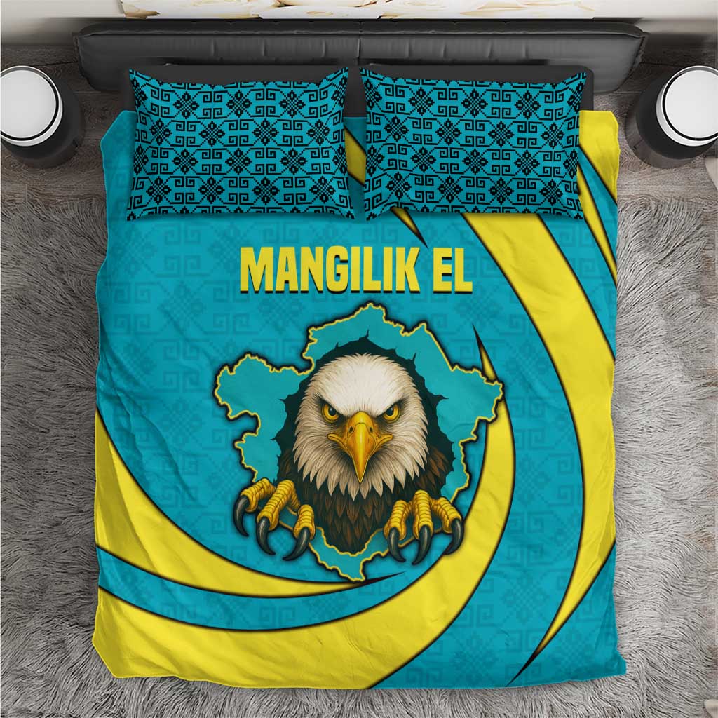 Kazakhstan National Flag Bedding Set with Mangilik El Bald Eagle and Blue Tribal Pattern