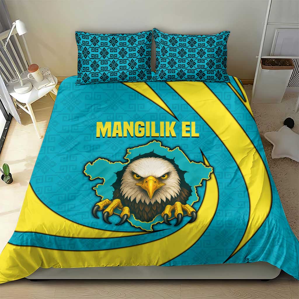Kazakhstan National Flag Bedding Set with Mangilik El Bald Eagle and Blue Tribal Pattern