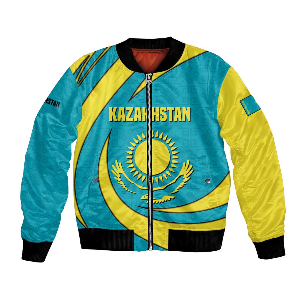 Kazakhstan National Flag Bomber Jacket with Mangilik El Bald Eagle and Blue Tribal Pattern