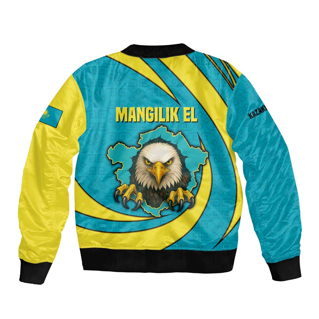 Kazakhstan National Flag Bomber Jacket with Mangilik El Bald Eagle and Blue Tribal Pattern