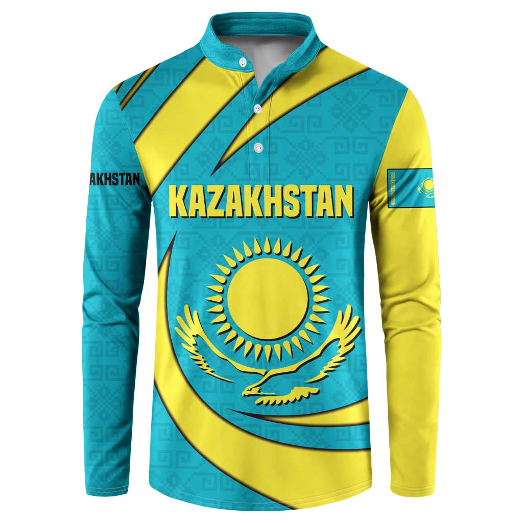 Kazakhstan National Flag Button Sweatshirt with Mangilik El Bald Eagle and Blue Tribal Pattern