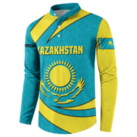 Kazakhstan National Flag Button Sweatshirt with Mangilik El Bald Eagle and Blue Tribal Pattern