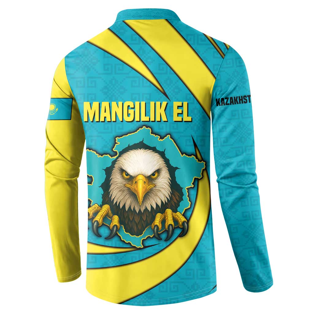 Kazakhstan National Flag Button Sweatshirt with Mangilik El Bald Eagle and Blue Tribal Pattern