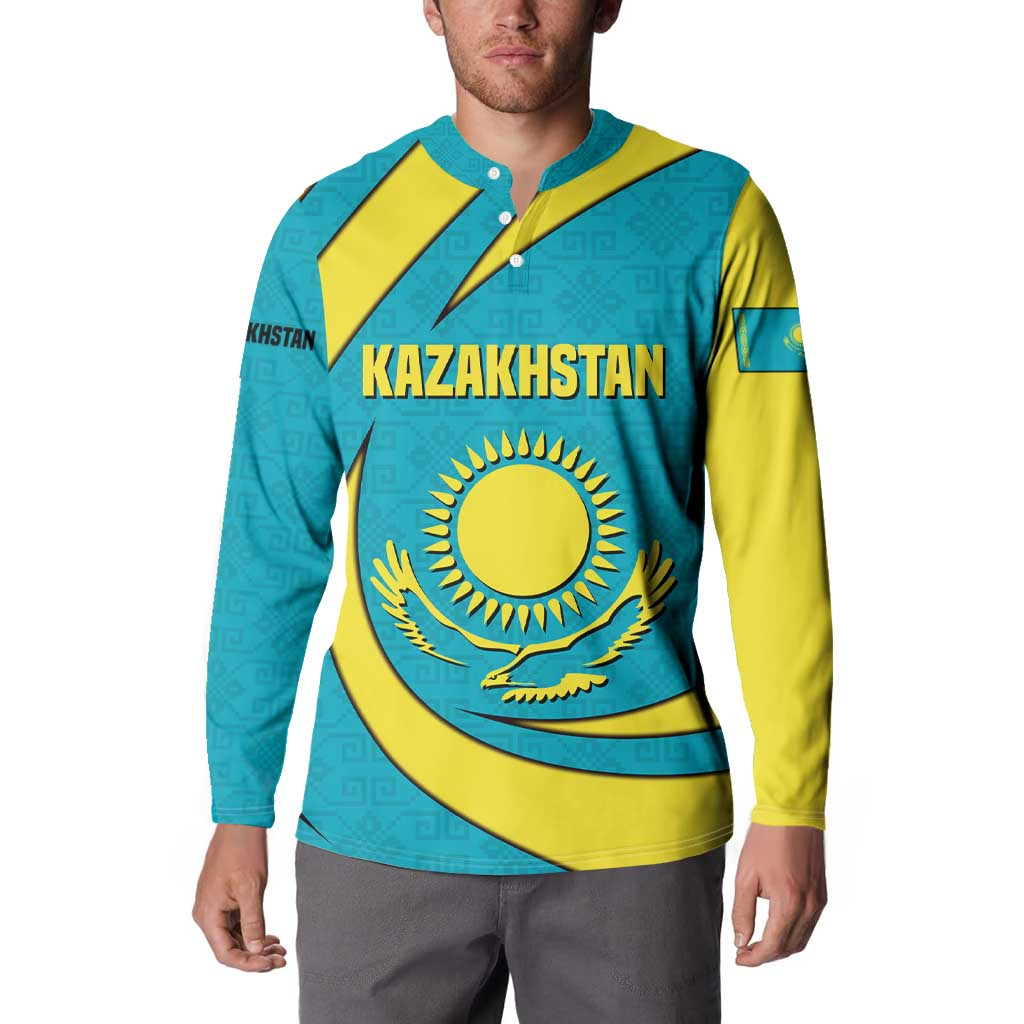 Kazakhstan National Flag Button Sweatshirt with Mangilik El Bald Eagle and Blue Tribal Pattern