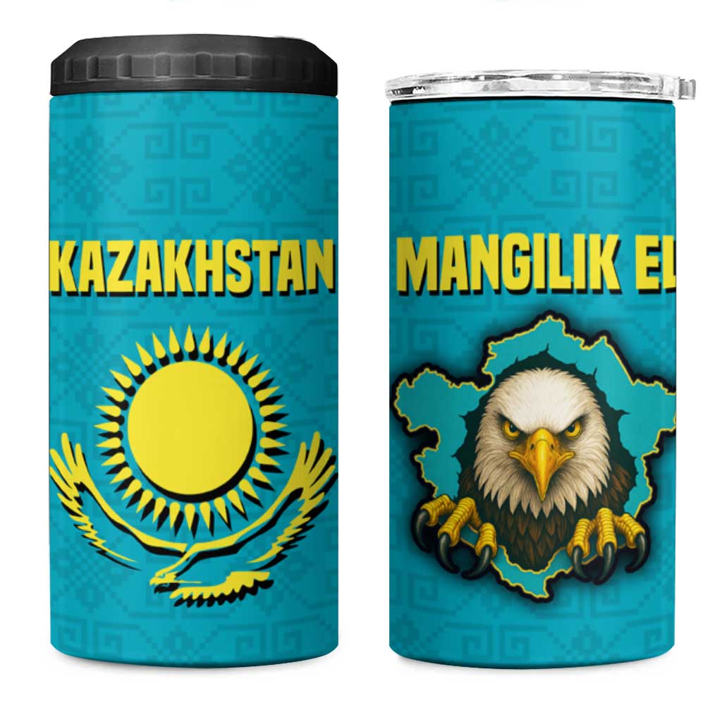 Kazakhstan National Flag 4 in 1 Can Cooler Tumbler with Mangilik El Bald Eagle and Blue Tribal Pattern