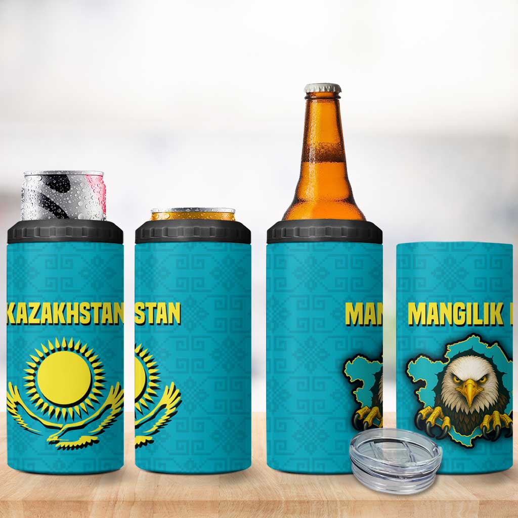 Kazakhstan National Flag 4 in 1 Can Cooler Tumbler with Mangilik El Bald Eagle and Blue Tribal Pattern