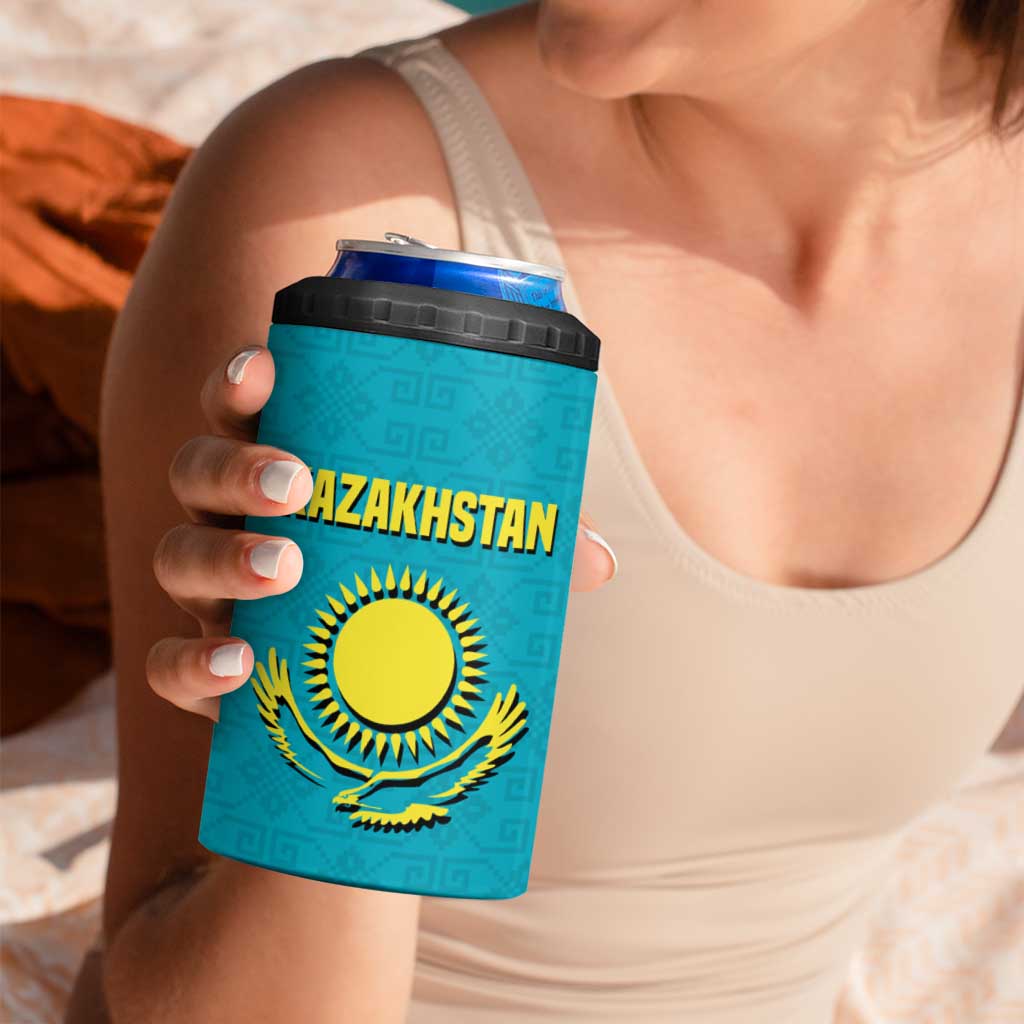 Kazakhstan National Flag 4 in 1 Can Cooler Tumbler with Mangilik El Bald Eagle and Blue Tribal Pattern