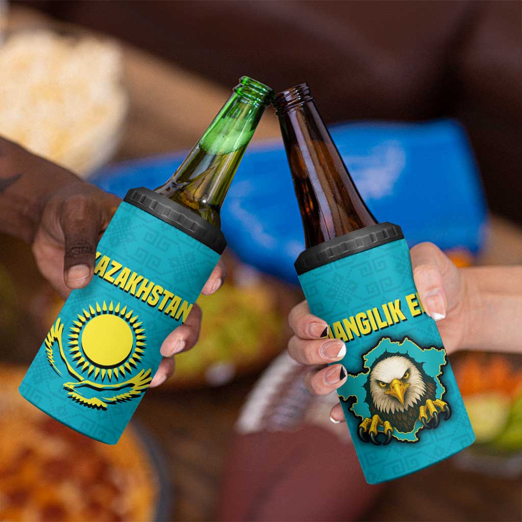 Kazakhstan National Flag 4 in 1 Can Cooler Tumbler with Mangilik El Bald Eagle and Blue Tribal Pattern