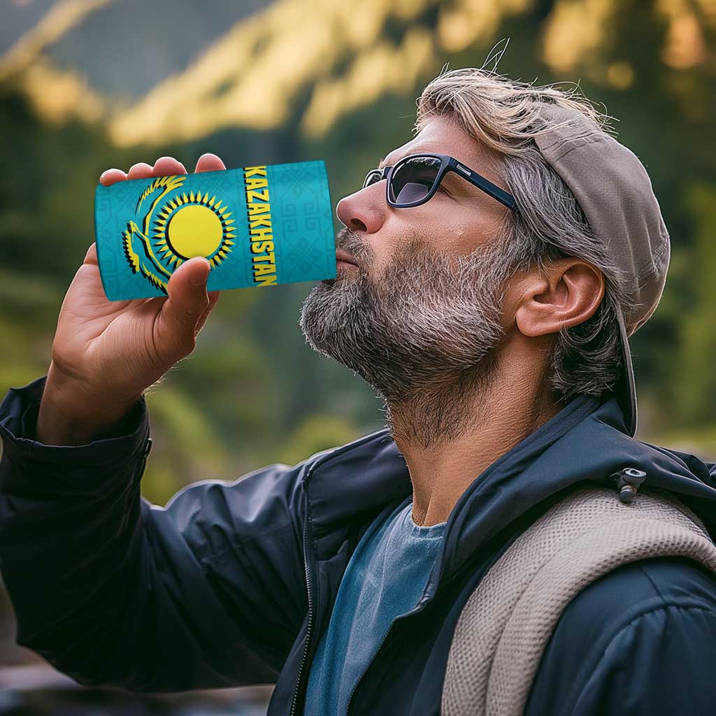 Kazakhstan National Flag 4 in 1 Can Cooler Tumbler with Mangilik El Bald Eagle and Blue Tribal Pattern