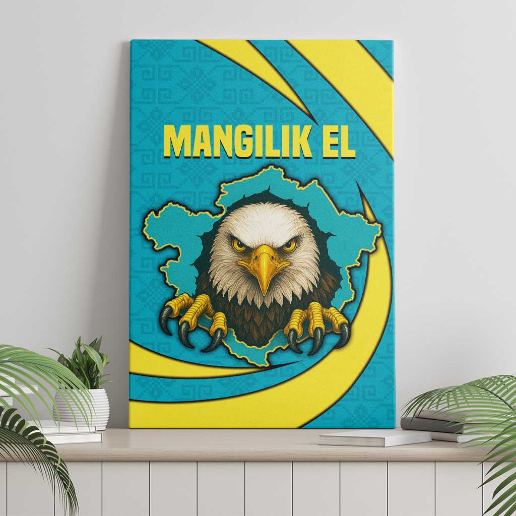 Kazakhstan National Flag Canvas Wall Art with Mangilik El Bald Eagle and Blue Tribal Pattern