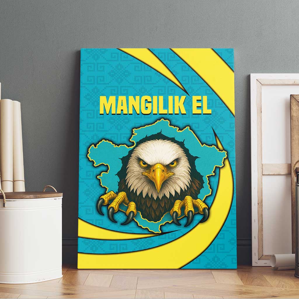 Kazakhstan National Flag Canvas Wall Art with Mangilik El Bald Eagle and Blue Tribal Pattern