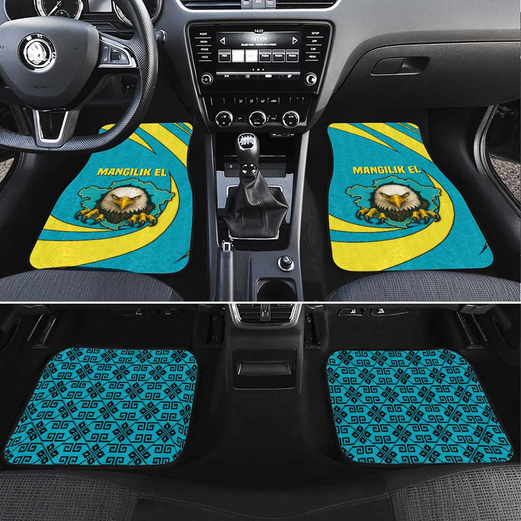 Kazakhstan National Flag Car Mats with Mangilik El Bald Eagle and Blue Tribal Pattern
