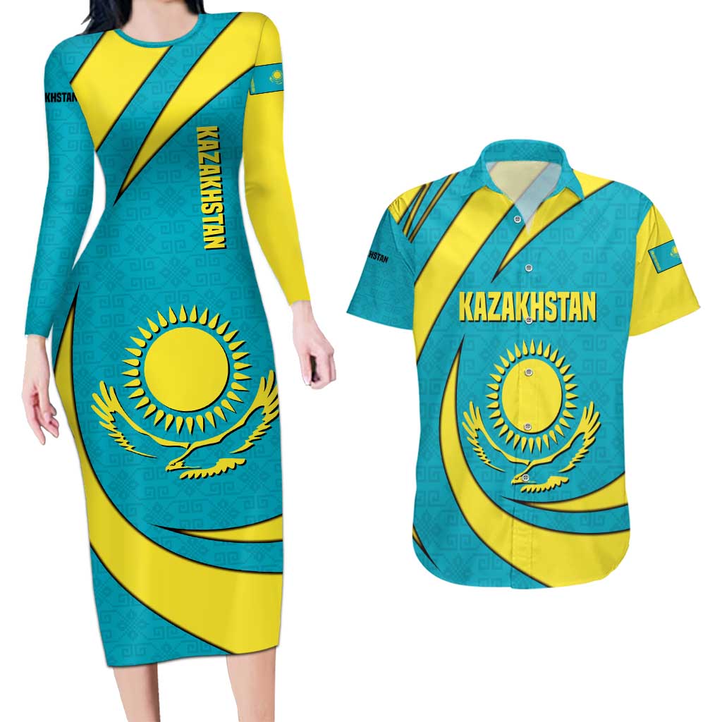 Kazakhstan National Flag Couples Matching Long Sleeve Bodycon Dress and Hawaiian Shirt with Mangilik El Bald Eagle and Blue Tribal Pattern
