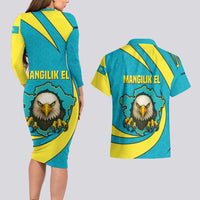 Kazakhstan National Flag Couples Matching Long Sleeve Bodycon Dress and Hawaiian Shirt with Mangilik El Bald Eagle and Blue Tribal Pattern
