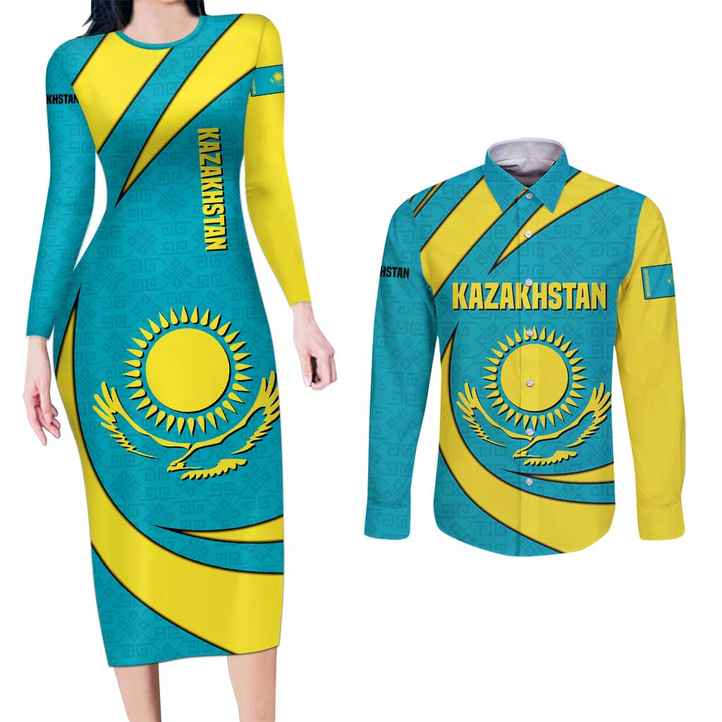 Kazakhstan National Flag Couples Matching Long Sleeve Bodycon Dress and Long Sleeve Button Shirt with Mangilik El Bald Eagle and Blue Tribal Pattern