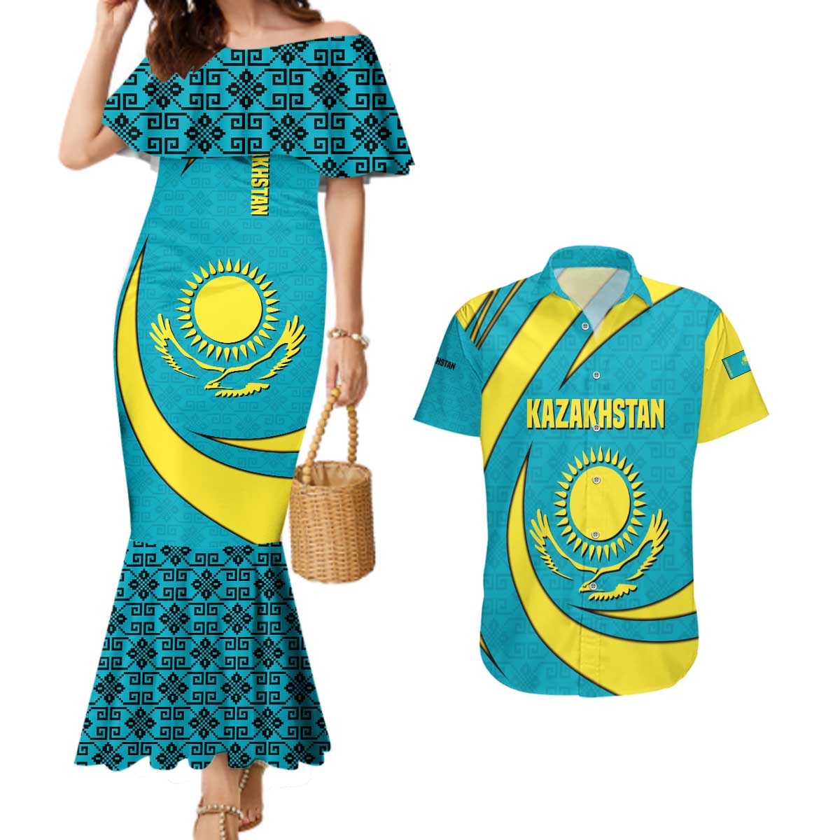 Kazakhstan National Flag Couples Matching Mermaid Dress and Hawaiian Shirt with Mangilik El Bald Eagle and Blue Tribal Pattern