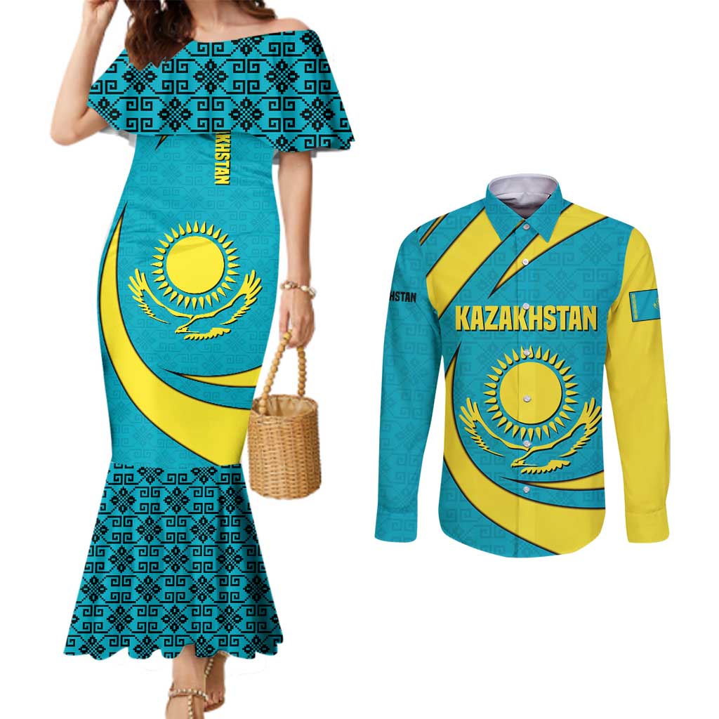 Kazakhstan National Flag Couples Matching Mermaid Dress and Long Sleeve Button Shirt with Mangilik El Bald Eagle and Blue Tribal Pattern