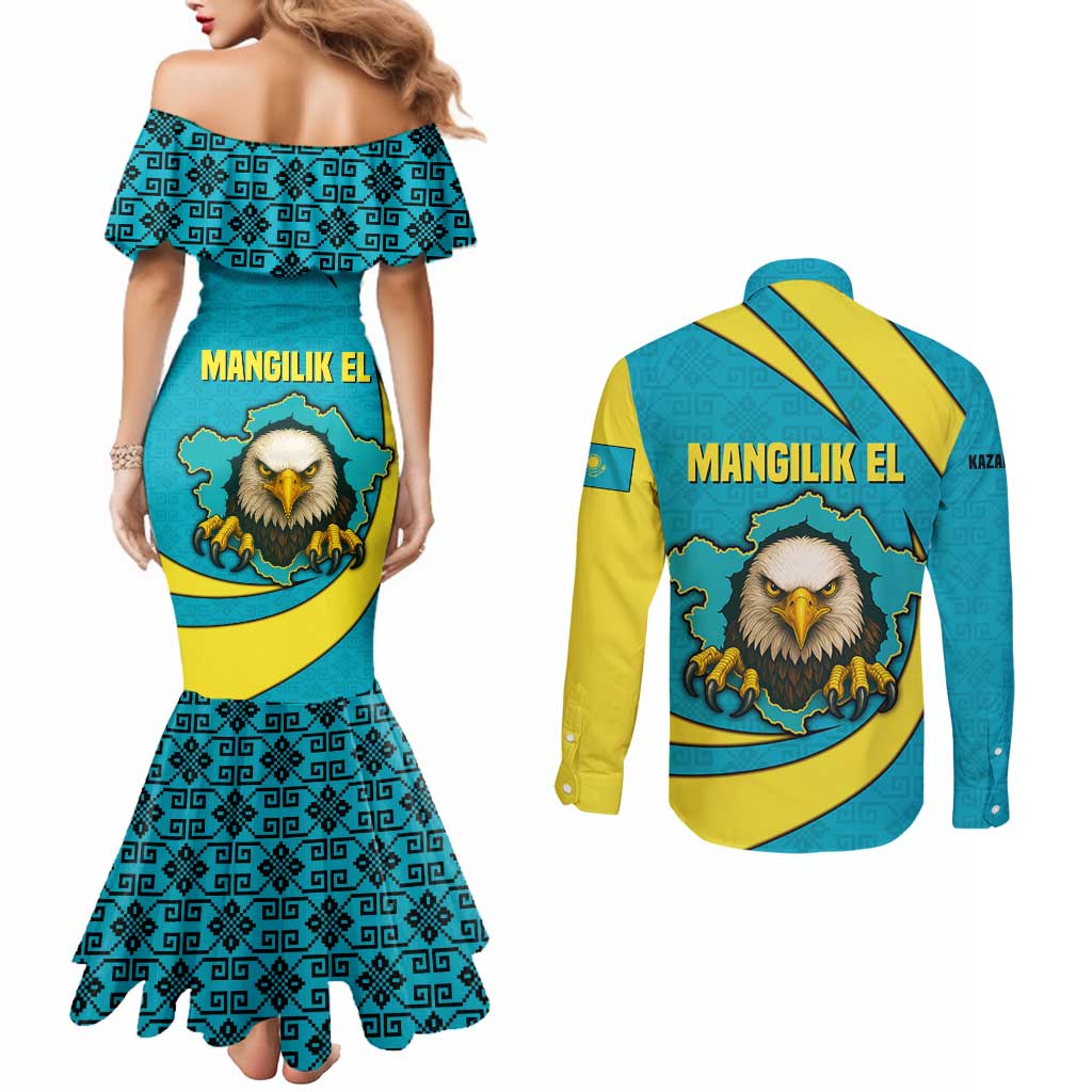Kazakhstan National Flag Couples Matching Mermaid Dress and Long Sleeve Button Shirt with Mangilik El Bald Eagle and Blue Tribal Pattern