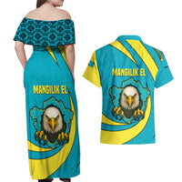 Kazakhstan National Flag Couples Matching Off Shoulder Maxi Dress and Hawaiian Shirt with Mangilik El Bald Eagle and Blue Tribal Pattern