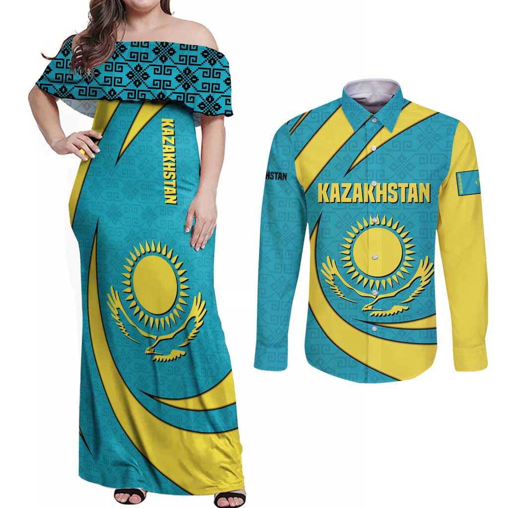 Kazakhstan National Flag Couples Matching Off Shoulder Maxi Dress and Long Sleeve Button Shirt with Mangilik El Bald Eagle and Blue Tribal Pattern