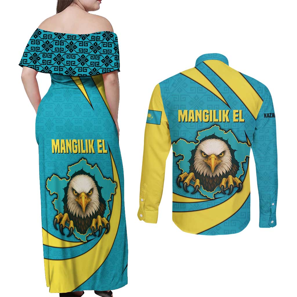 Kazakhstan National Flag Couples Matching Off Shoulder Maxi Dress and Long Sleeve Button Shirt with Mangilik El Bald Eagle and Blue Tribal Pattern
