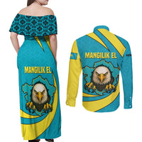 Kazakhstan National Flag Couples Matching Off Shoulder Maxi Dress and Long Sleeve Button Shirt with Mangilik El Bald Eagle and Blue Tribal Pattern