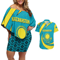 Kazakhstan National Flag Couples Matching Off Shoulder Short Dress and Hawaiian Shirt with Mangilik El Bald Eagle and Blue Tribal Pattern
